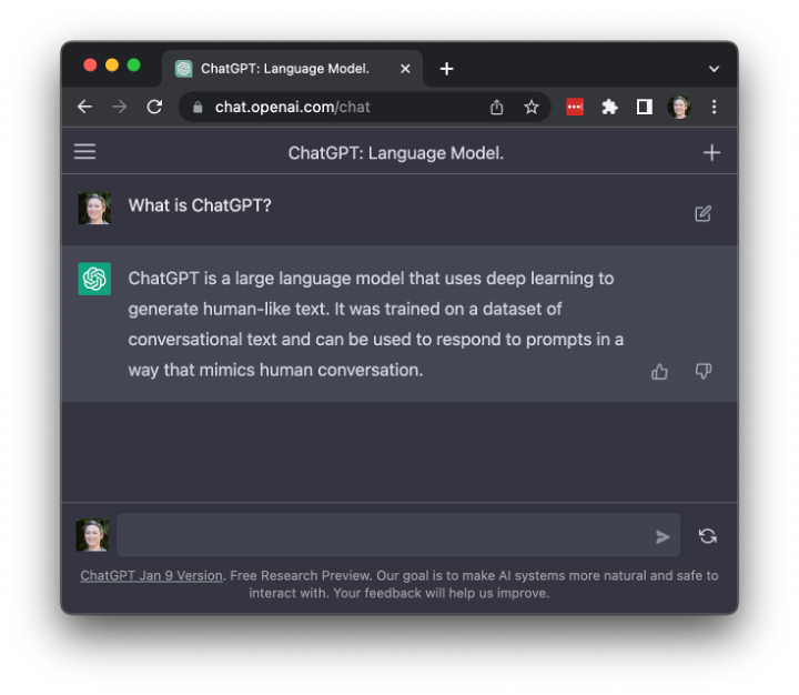 Reply: ChatGPT is a large language model that uses deep learning to generate human-like text. It was trained on a dataset of conversational text and can be used to respond to prompts in a way that mimics human conversation.